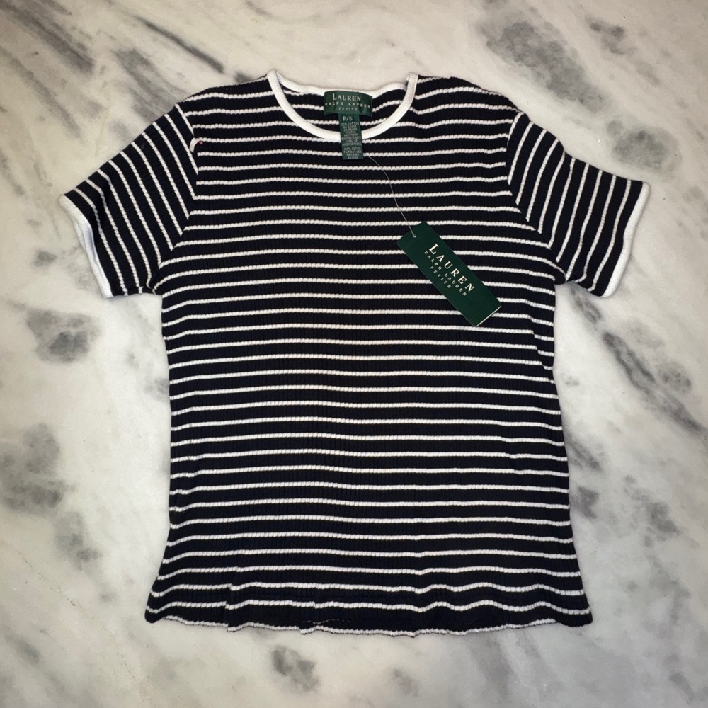 Vintage Lauren Ralph Lauren NWT Petite S Scoop Neck Blk/Wht Stripped Casual Top